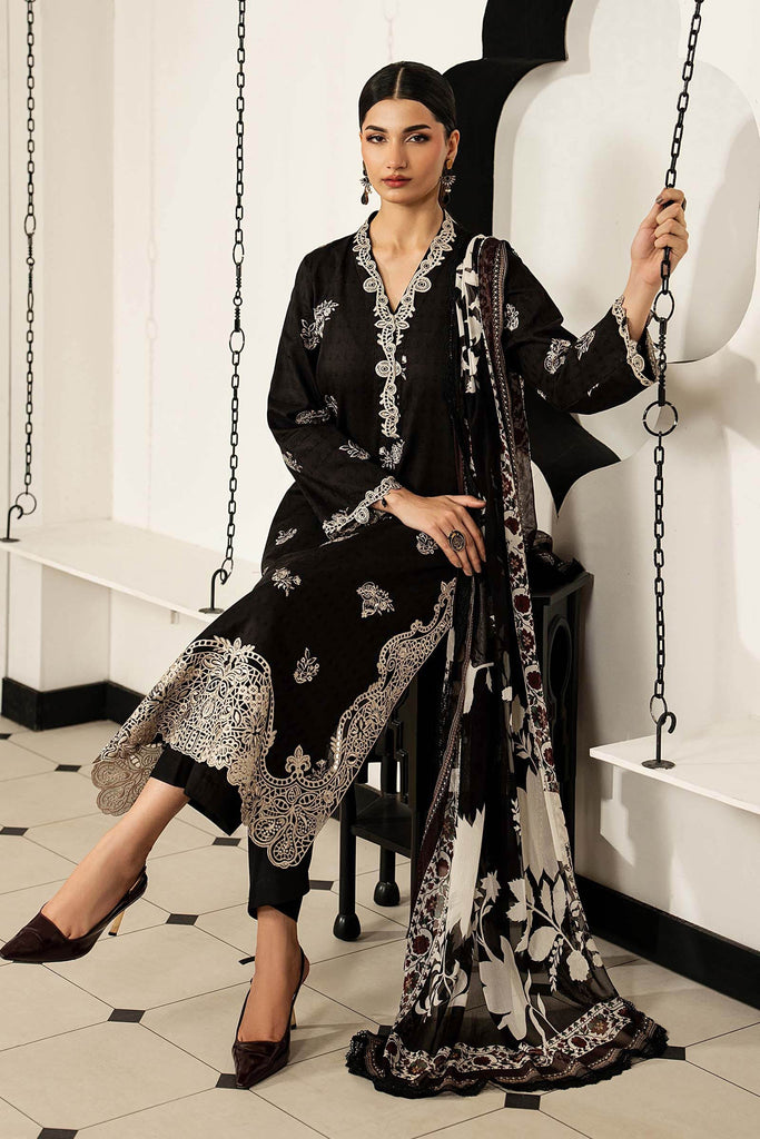 3 Piece Embroidered Dobby Lawn Suit - Black