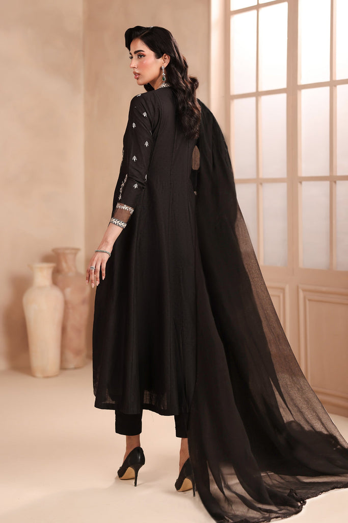 3 Piece Embroidered Frock Suit for Women - Black