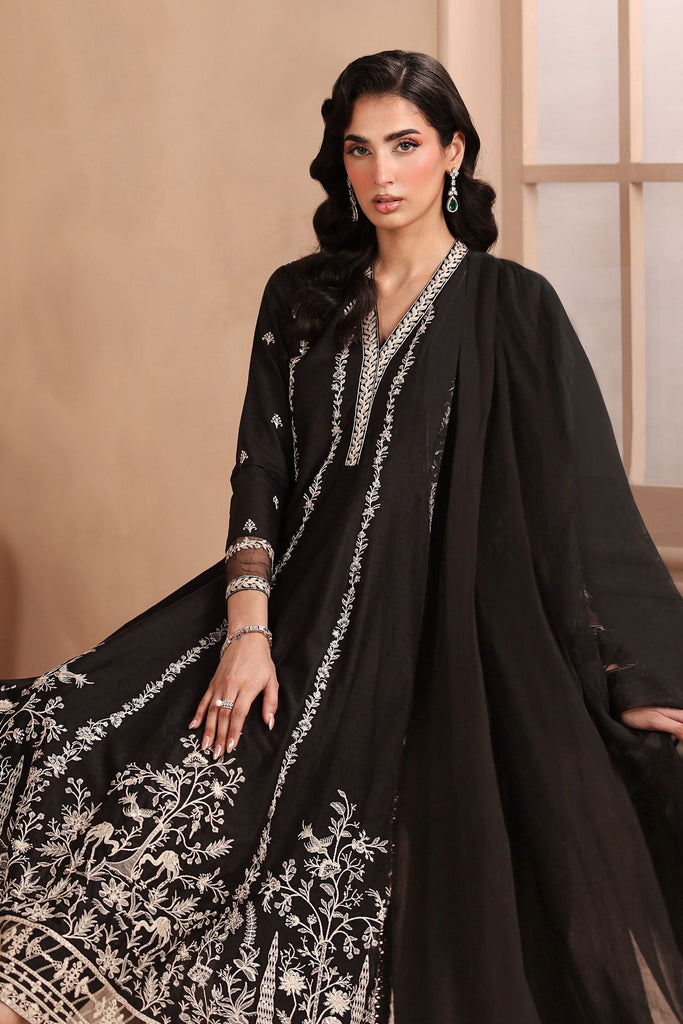 3 Piece Embroidered Frock Suit for Women - Black