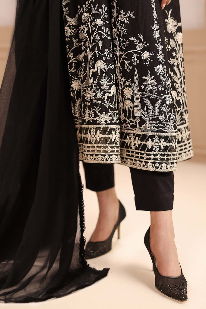 3 Piece Embroidered Frock Suit for Women - Black