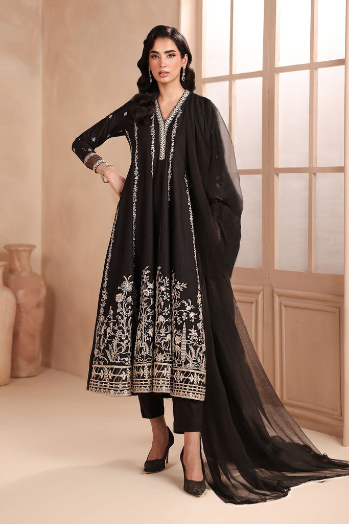 3 Piece Embroidered Frock Suit for Women - Black