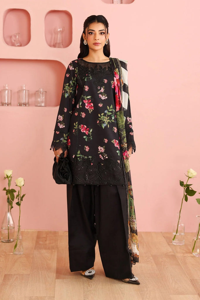 3 Piece Embroidered Cambric Suit - Black