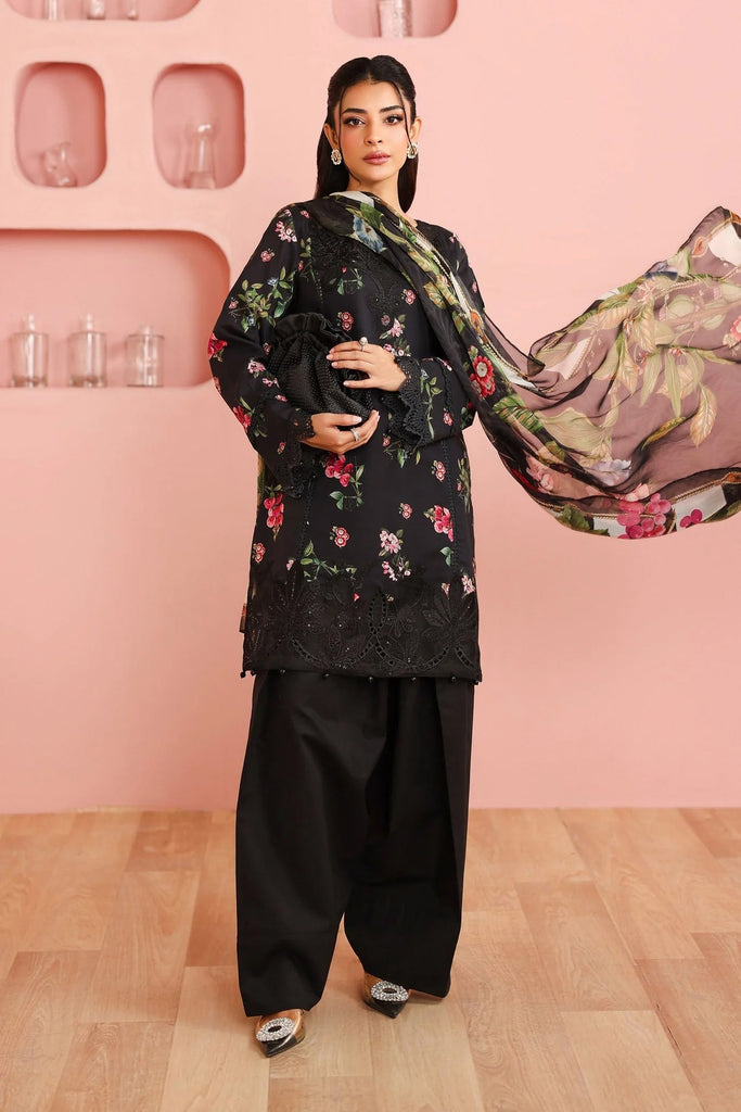 3 Piece Embroidered Cambric Suit - Black