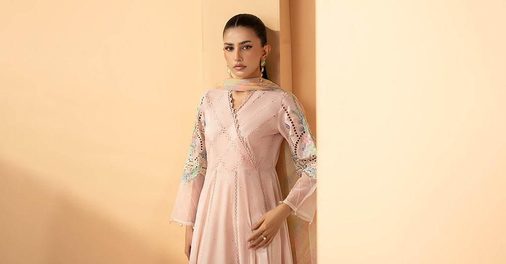 3 Piece Embroidered Dobby Lawn Suit in Pink