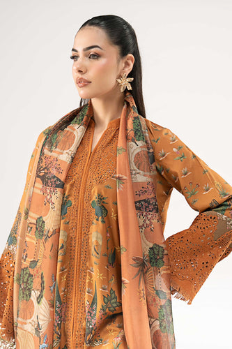 Mustard Linen 3 Piece Embroidered Suit for Women