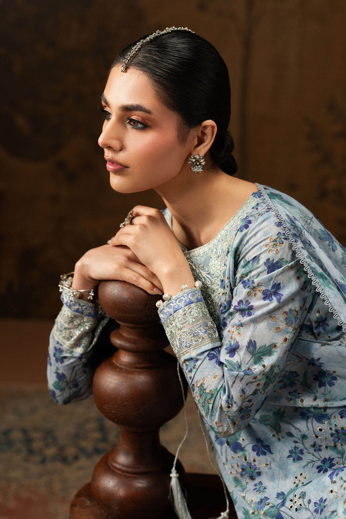 3 Piece Embroidered Blue Lawn Suit with Gharara