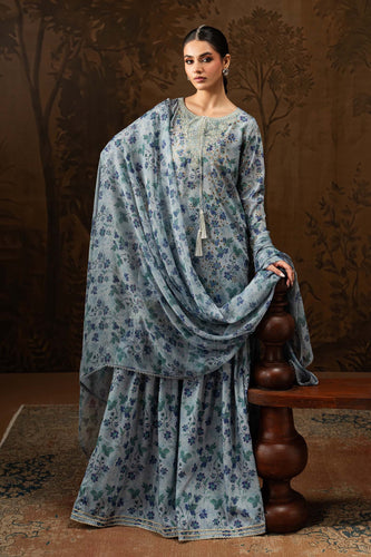 3 Piece Embroidered Blue Lawn Suit with Gharara