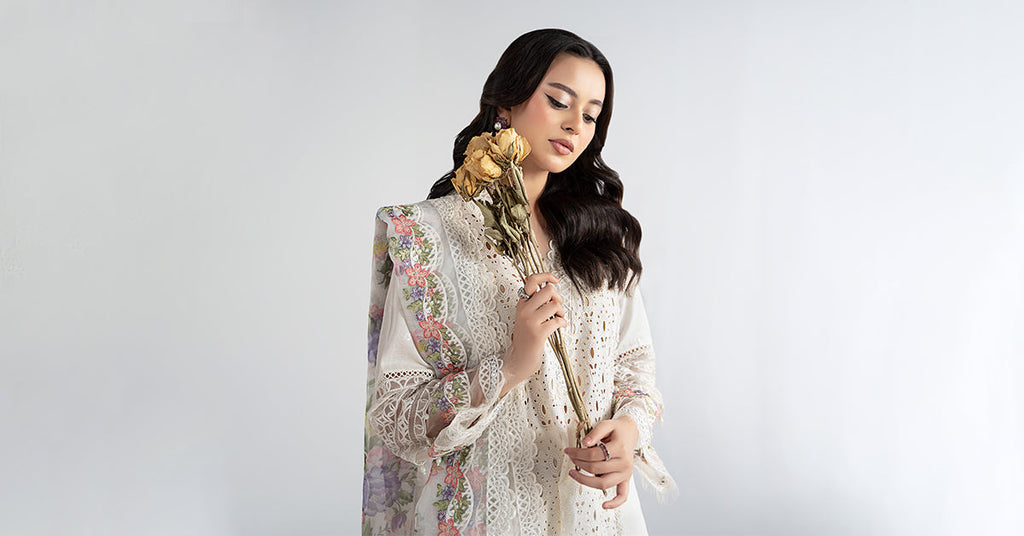 Off White Dobby 3 Piece Embroidered Suit for Women
