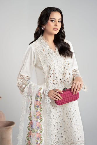 Off White Dobby 3 Piece Embroidered Suit for Women