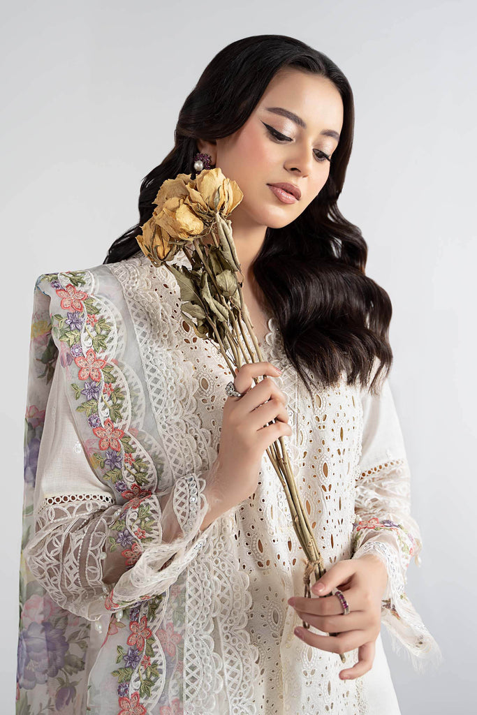 Off White Dobby 3 Piece Embroidered Suit for Women