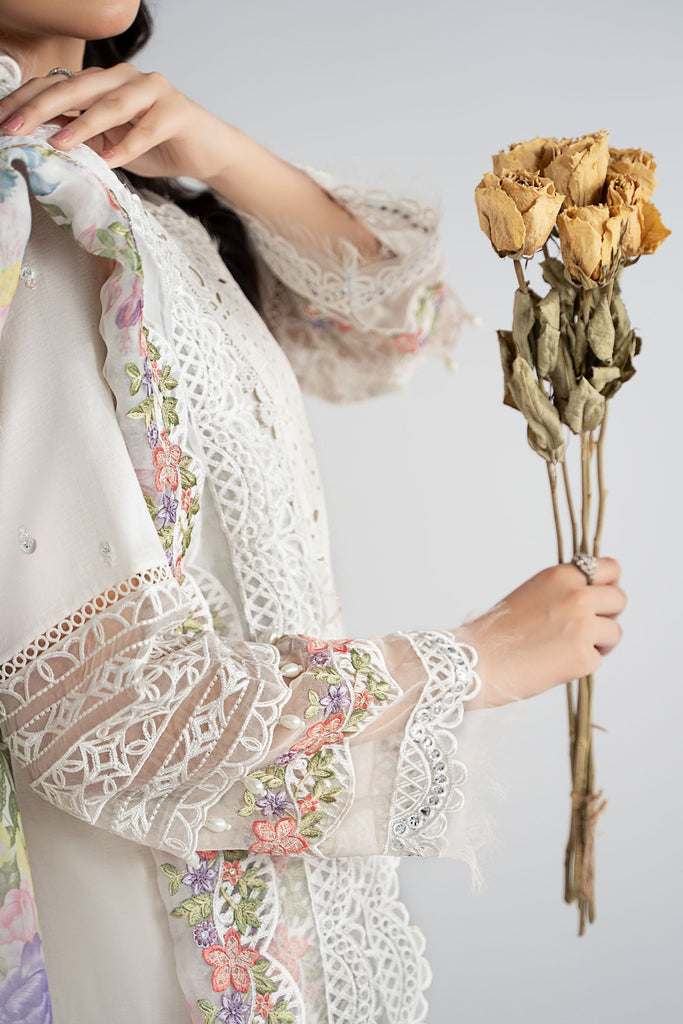 Off White Dobby 3 Piece Embroidered Suit for Women