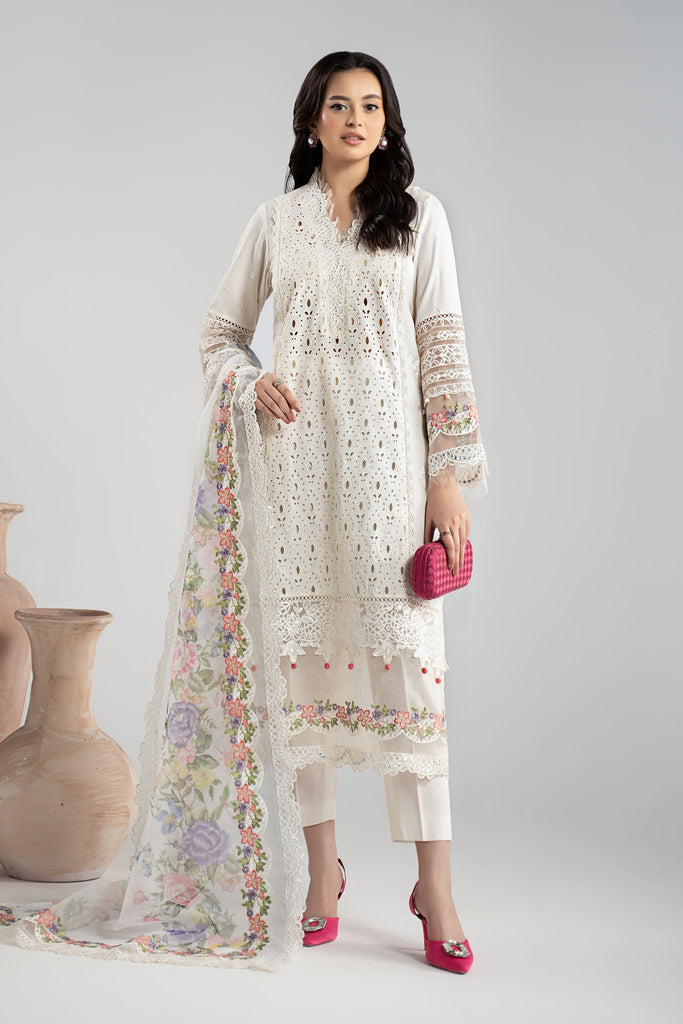 Off White Dobby 3 Piece Embroidered Suit for Women