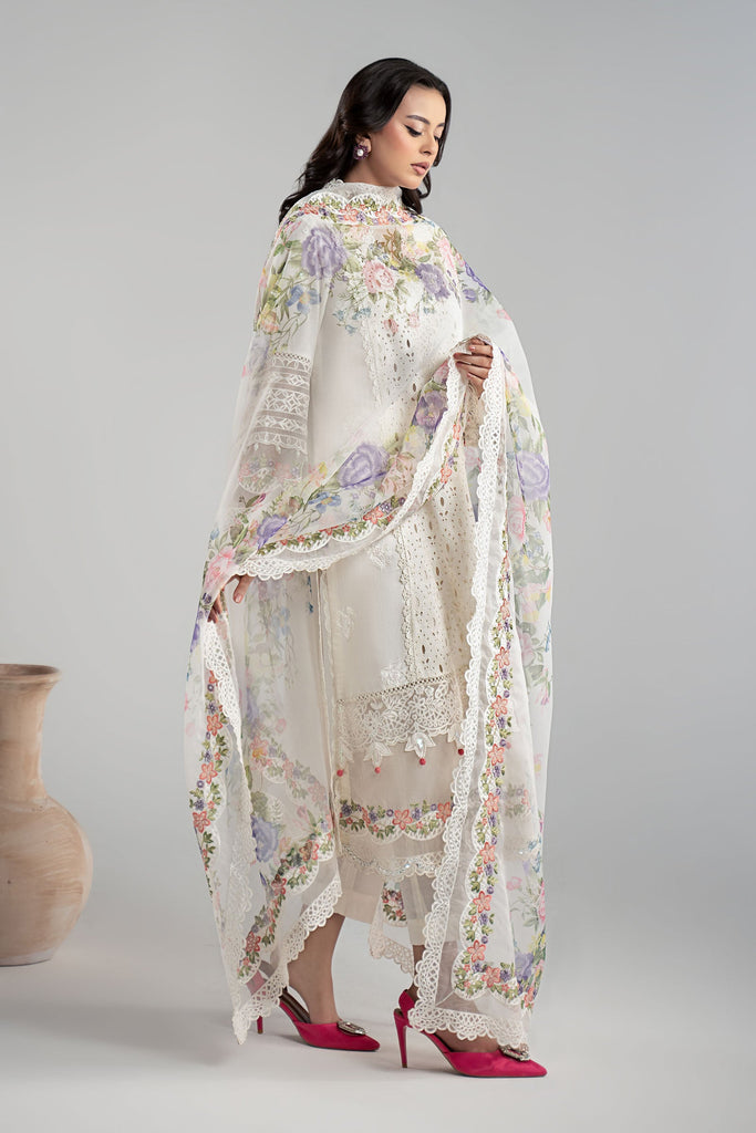 Off White Dobby 3 Piece Embroidered Suit for Women