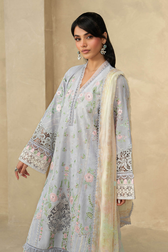 Dobby Lawn 3 Piece Embroidered Suit for Women - Blue