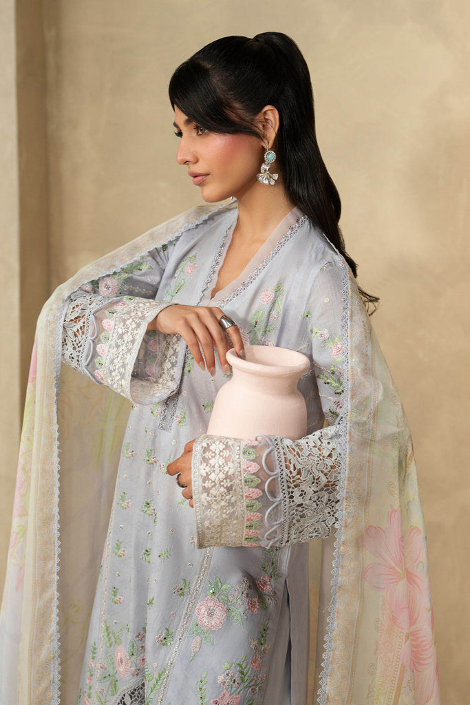 Dobby Lawn 3 Piece Embroidered Suit for Women - Blue