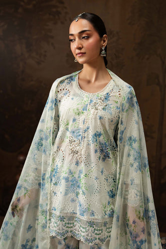 White 3 Piece Embroidered Lawn Gharara Suit for Women