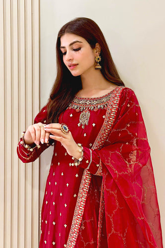 3 Piece Embroidered Raw Silk Suit for Women - Maroon