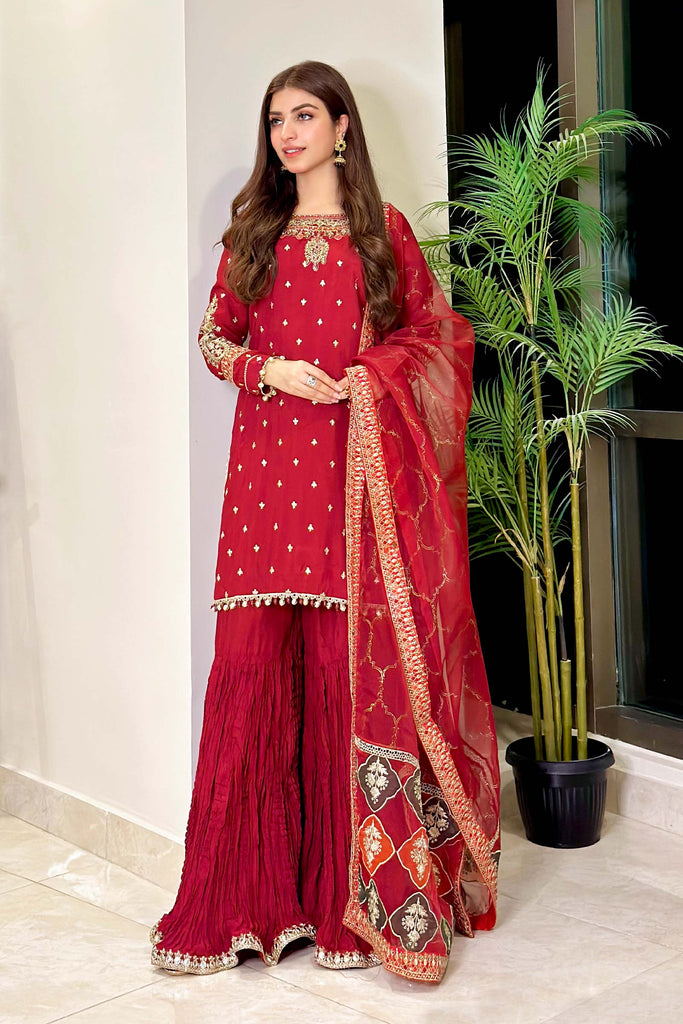 3 Piece Embroidered Raw Silk Suit for Women - Maroon