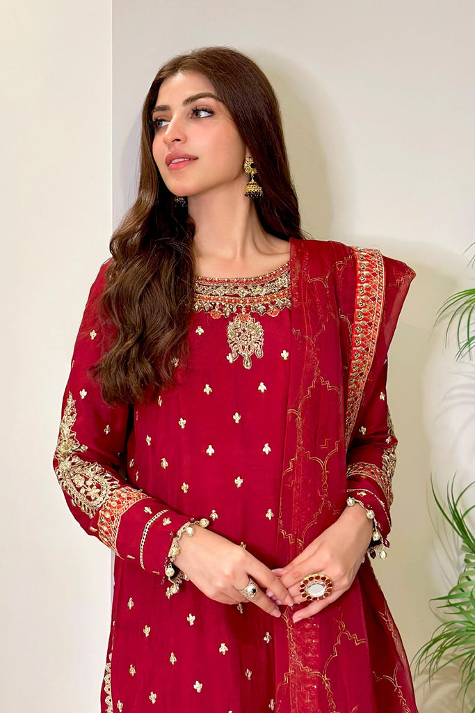 3 Piece Embroidered Raw Silk Suit for Women - Maroon
