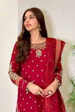 Load image into Gallery viewer, 3 Piece Embroidered Raw Silk Suit for Women - Maroon
