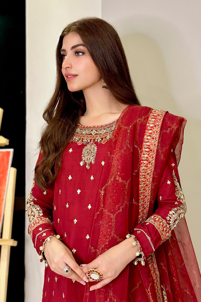 3 Piece Embroidered Raw Silk Suit for Women - Maroon