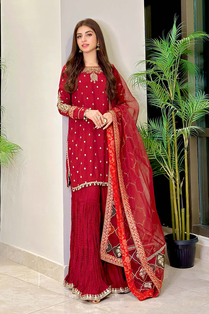 3 Piece Embroidered Raw Silk Suit for Women - Maroon