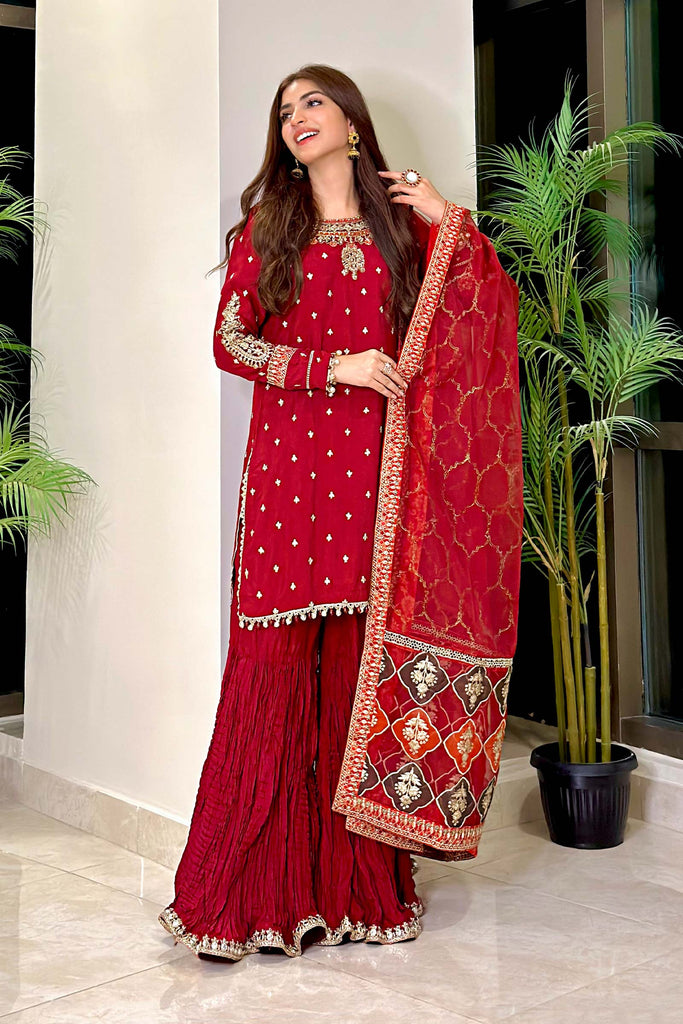 3 Piece Embroidered Raw Silk Suit for Women - Maroon