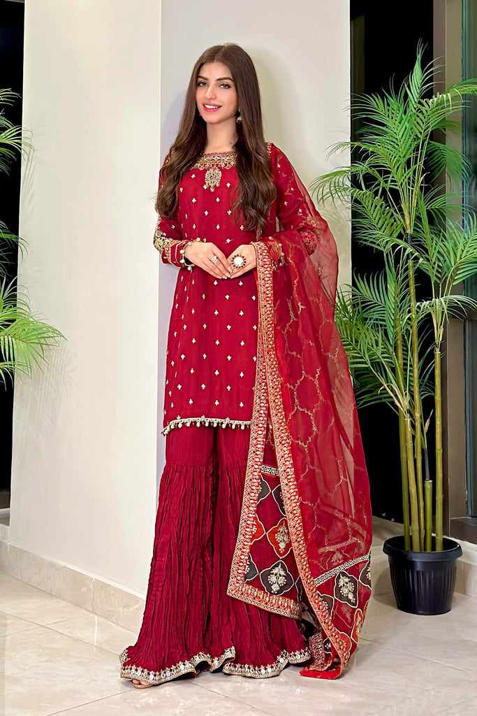 3 Piece Embroidered Raw Silk Suit for Women - Maroon