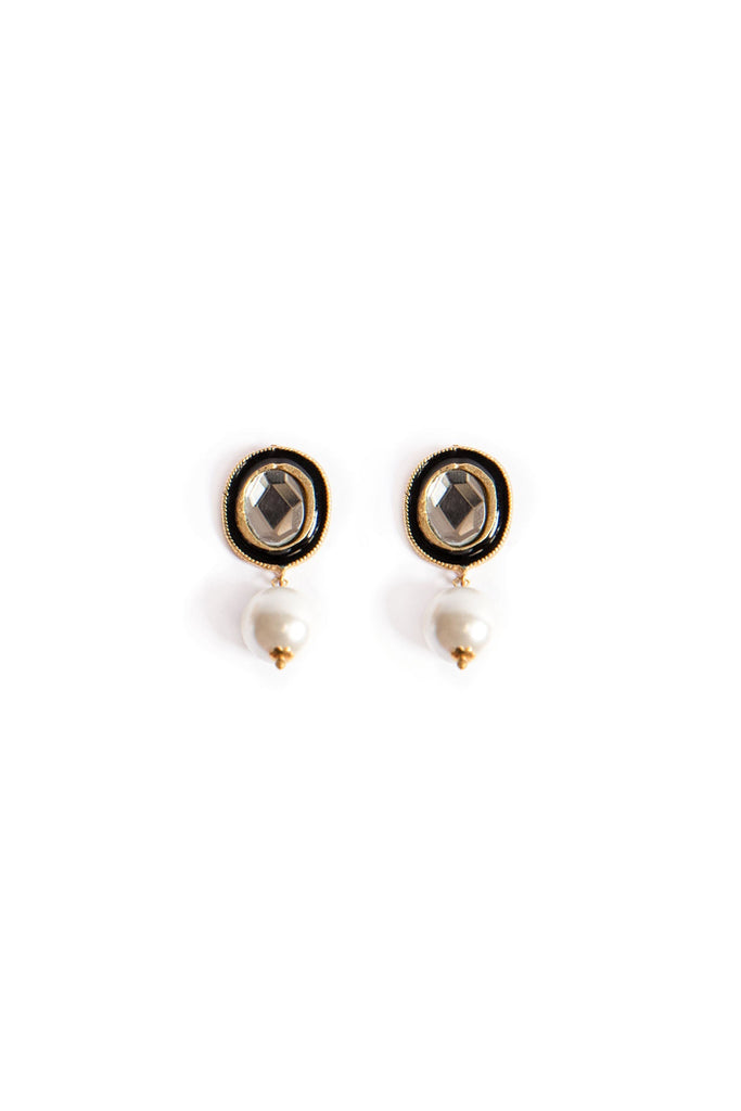Black Enamel Pearl Drop - Black Studs