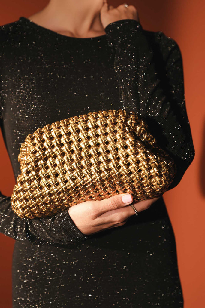 Maria.B Gold Woven Leather Clutch Bag