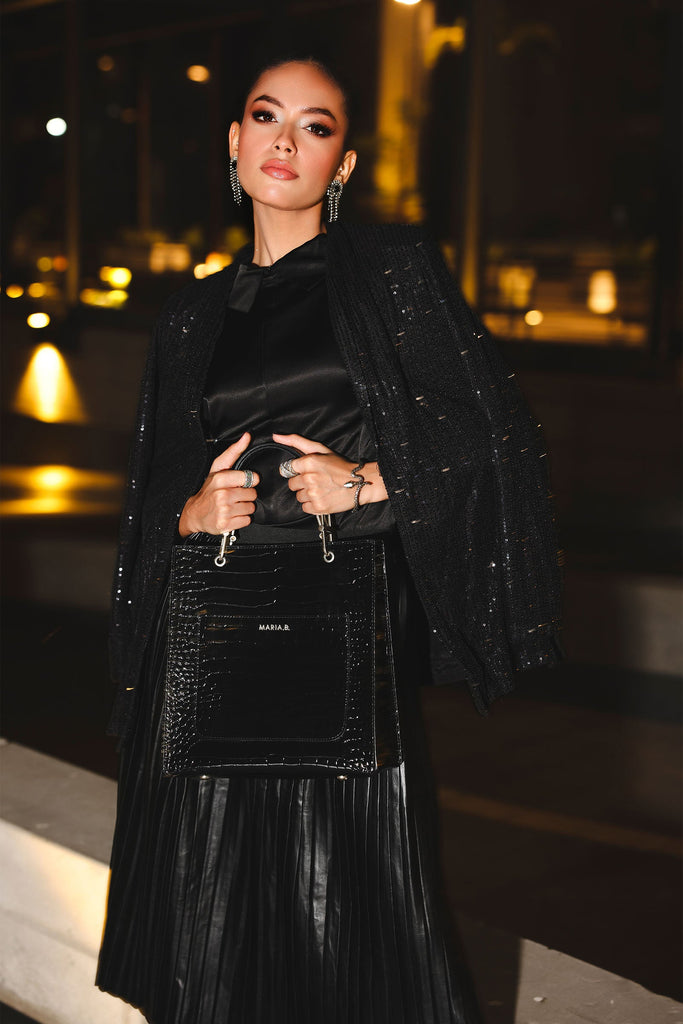 Black Croc Textured Leather Tote Bag