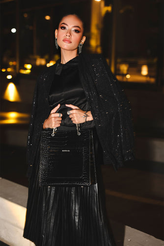 Black Croc Textured Leather Tote Bag
