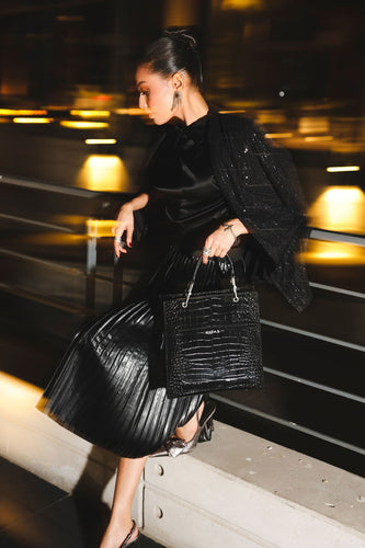 Black Croc Textured Leather Tote Bag