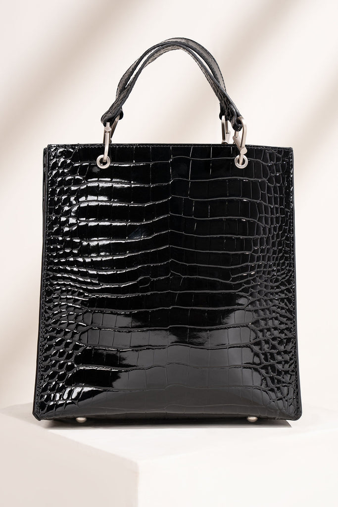 Black Croc Textured Leather Tote Bag