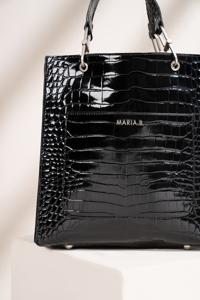 Black Croc Textured Leather Tote Bag
