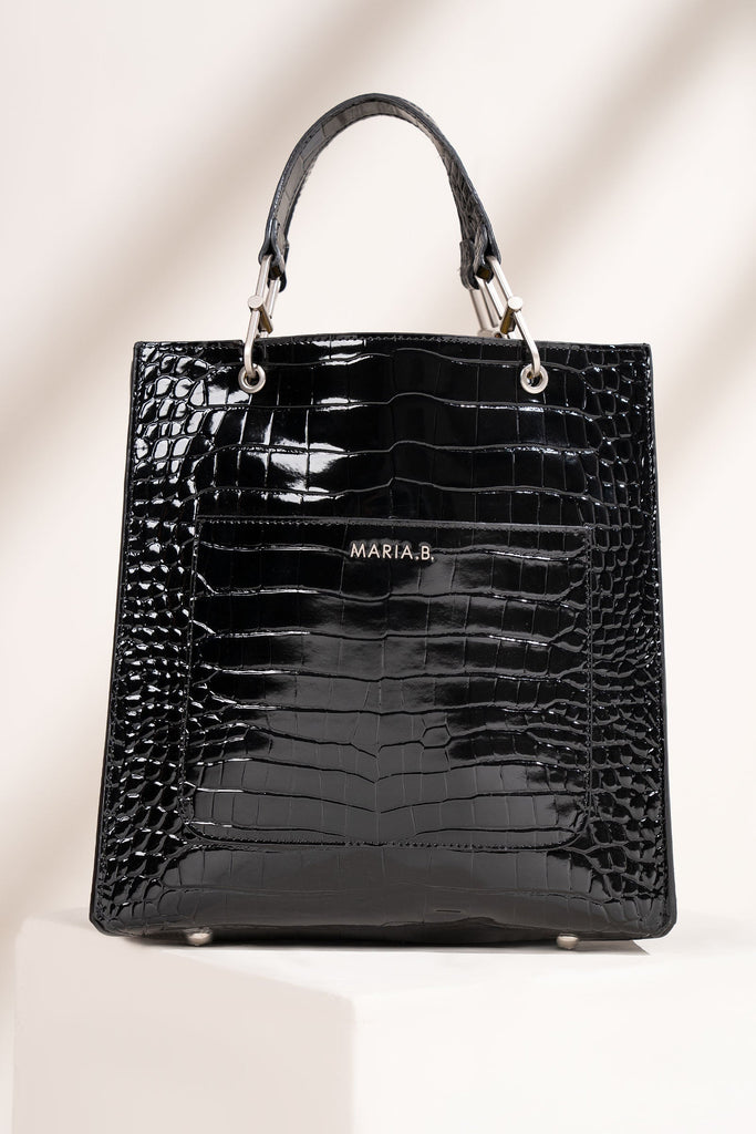 Black Croc Textured Leather Tote Bag