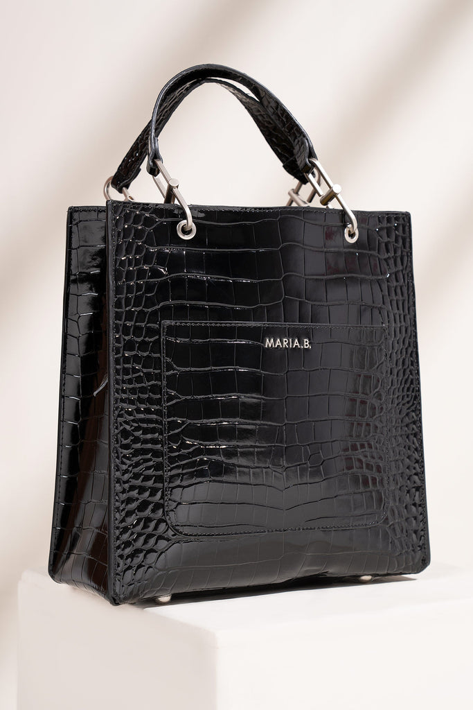 Black Croc Textured Leather Tote Bag