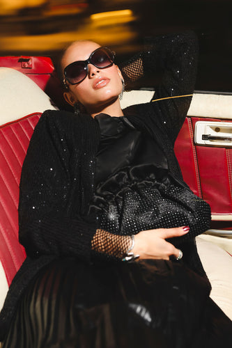 Satin Ruched Pearl Clutch - Black