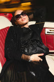 Satin Ruched Pearl Clutch - Black