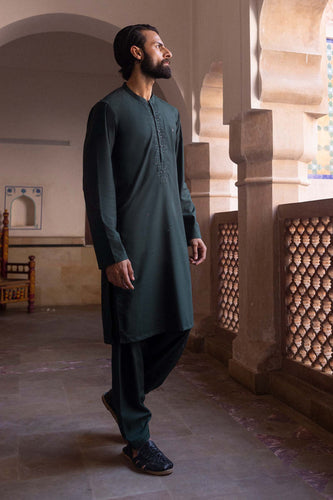 2 Piece Blended Khaddar Suit for Men - Forest Green