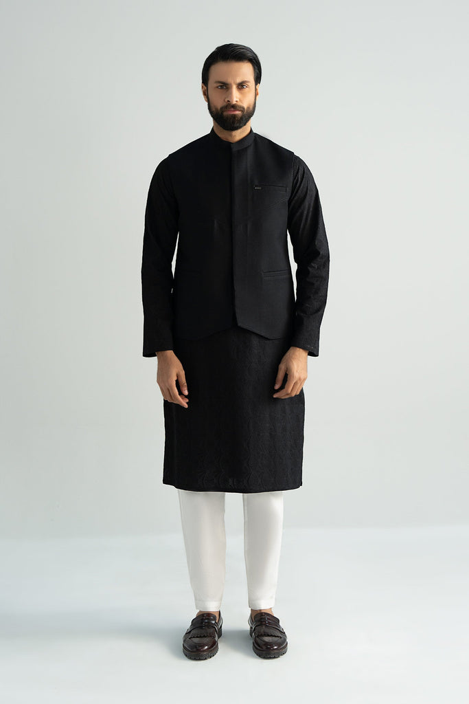 Black Blended Tropical Waistcoat for Men