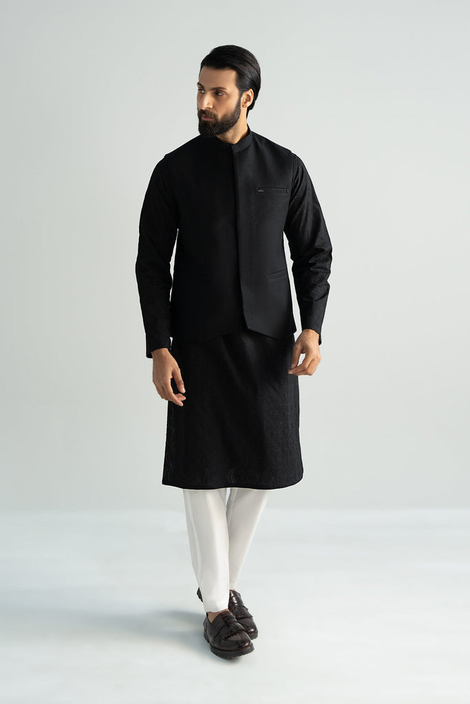 Black Blended Tropical Waistcoat for Men
