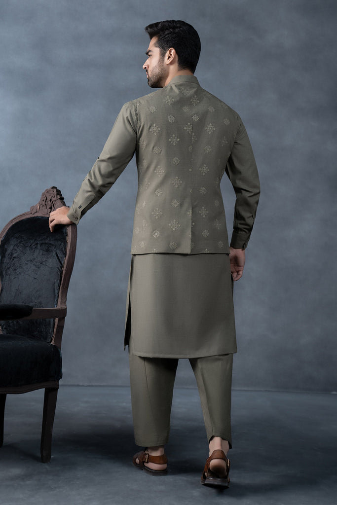Men's 3 Piece Markhor (Polo) Wool Suit - Army Green