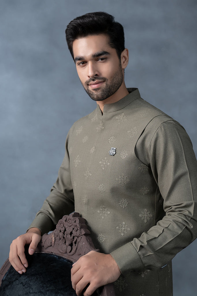 Men's 3 Piece Markhor (Polo) Wool Suit - Army Green