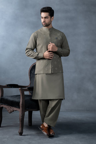 Men's 3 Piece Markhor (Polo) Wool Suit - Army Green