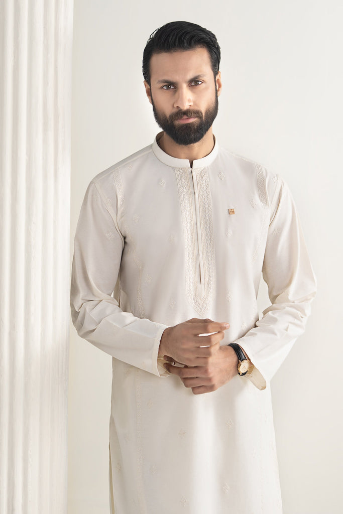 Off White 2 Piece Cotton Karandi Suit for Men