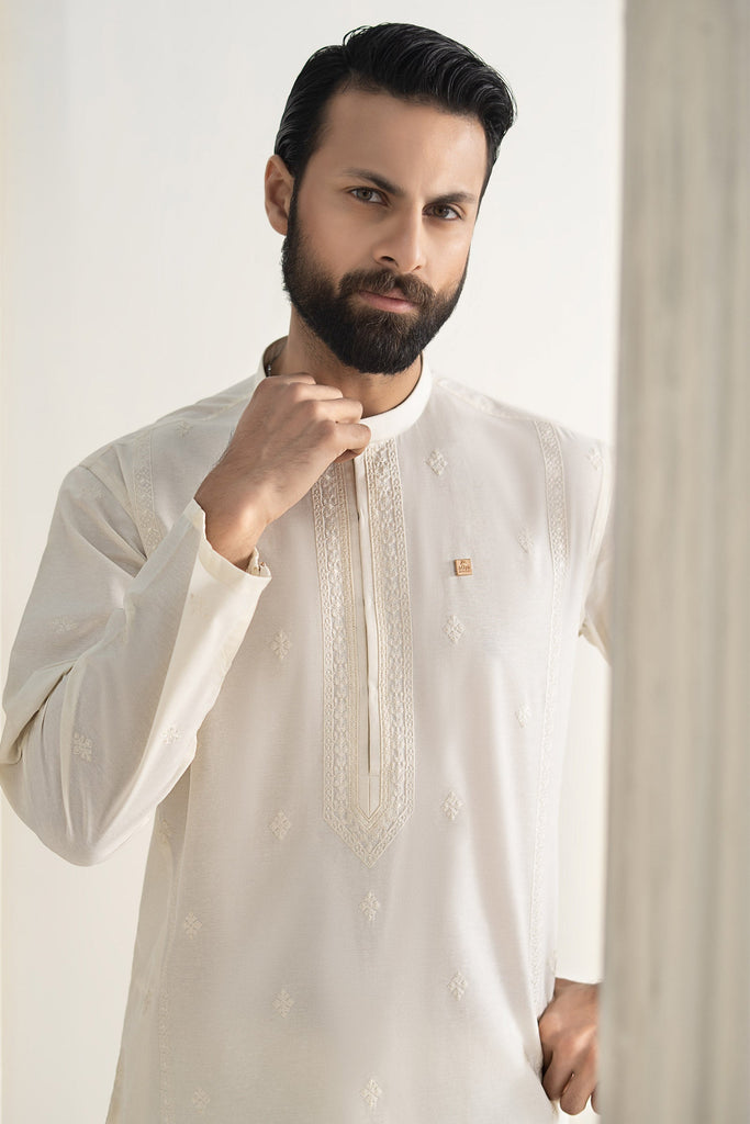 Off White 2 Piece Cotton Karandi Suit for Men