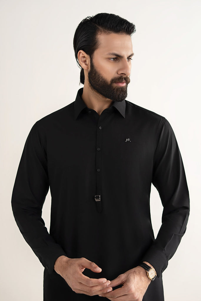 Mens 2 Piece Blended Kurta Shalwar Suit - Night Black