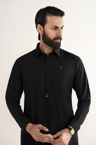 Mens 2 Piece Blended Kurta Shalwar Suit - Night Black