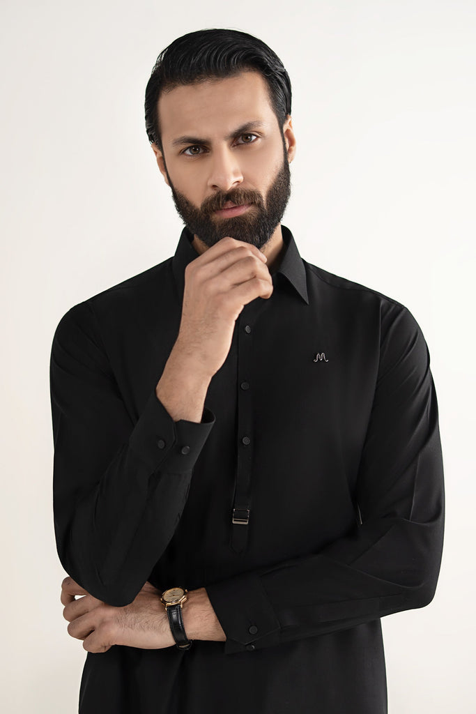 Mens 2 Piece Blended Kurta Shalwar Suit - Night Black